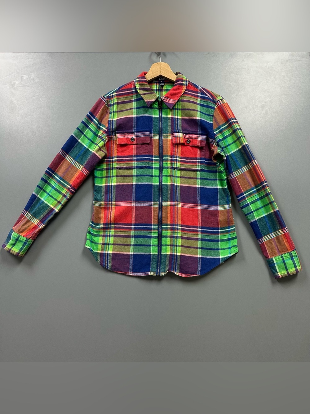 Chaps Denim Shirt Jacket Womens Sz S Plaid Full Zip Cotton Shacket Long Sleeve